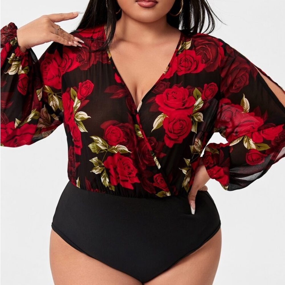 Red Floral Print Split Sleeve V Neck Black Bodysuit